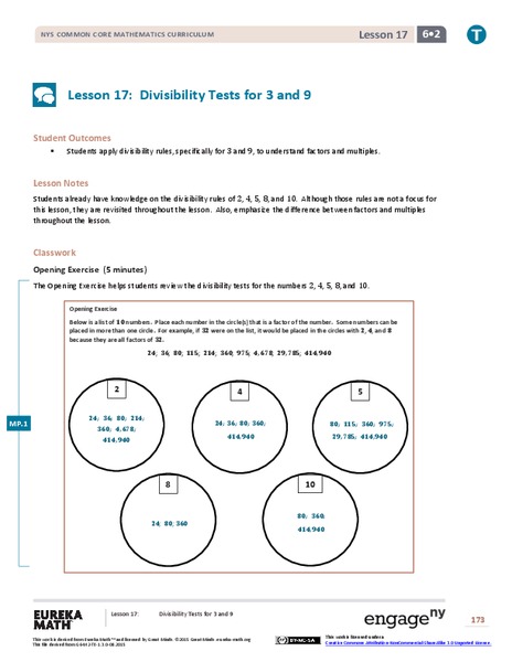 Divisibility Tests for 3 and 9 Lesson Plan
