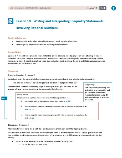 Writing and Interpreting Inequality Statements Involving Rational Numbers Lesson Plan