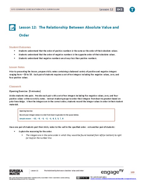 The Relationship Between Absolute Value and Order Lesson Plan