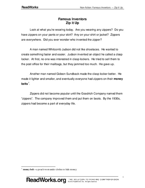 Famous Inventors — Zip it Up Worksheet