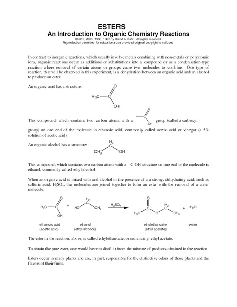 Esters: An Introduction to Organic Chemistry Reactions Lesson Plan