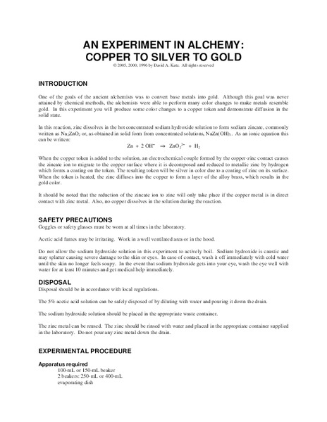 An Experiment in Alchemy: Copper to Silver to Gold Lesson Plan
