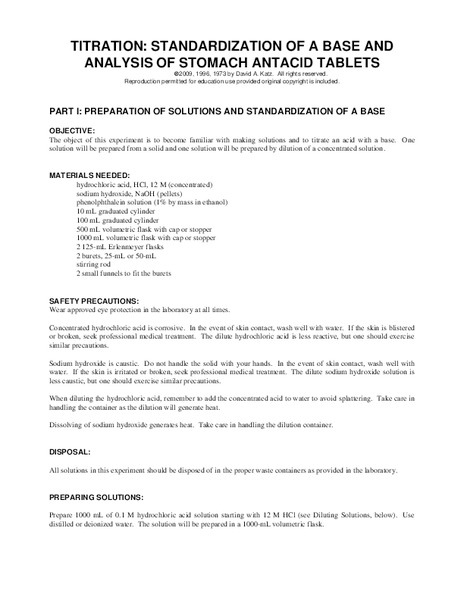 Tritration: Standardization of a Base and Analysis of Stomach Antacid Tablets Lesson Plan