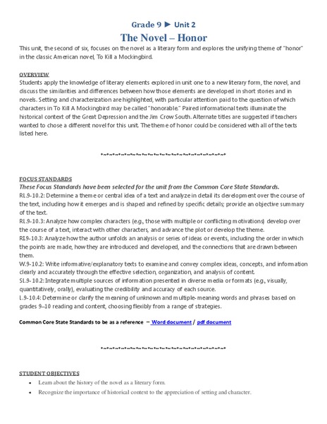 The Novel — Honor Unit Plan