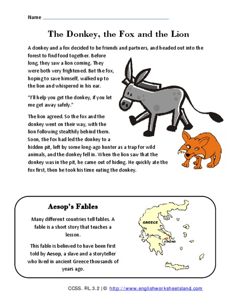 The Donkey, the Fox and the Lion Worksheet