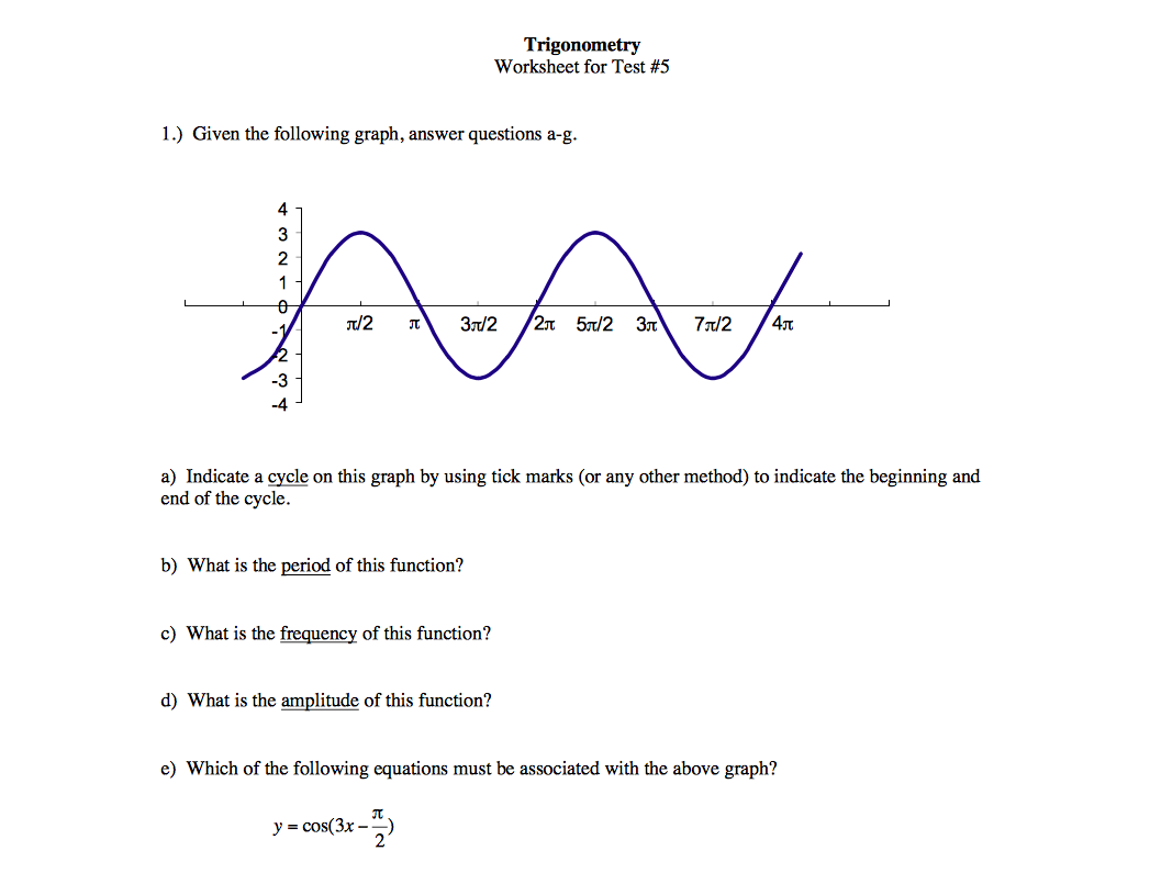 Trigonometry Worksheet for Test 5 Worksheet