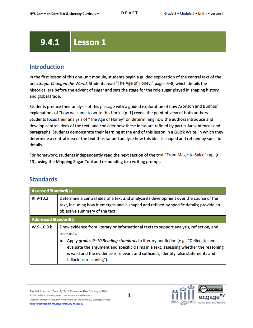 Grade 9 ELA Module 4, Unit 1, Lesson 1 Lesson Plan