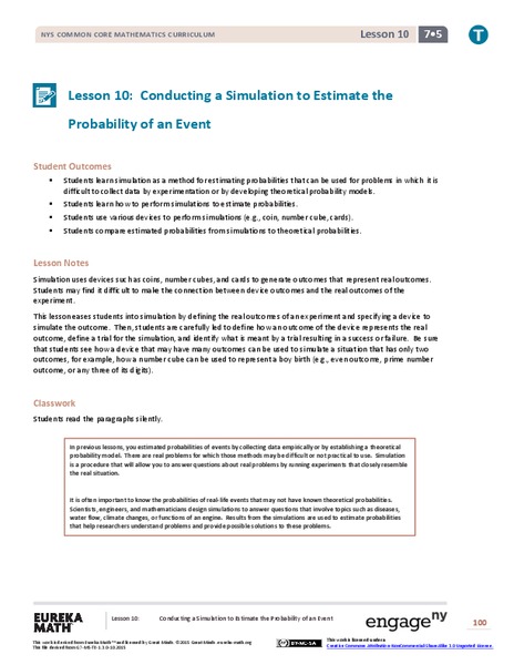 Conducting a Simulation to Estimate the Probability of an Event Lesson Plan
