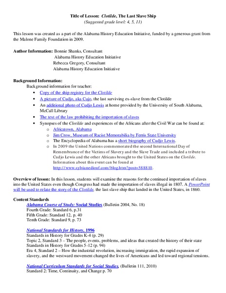 Clotilde, The Last Slave Ship Lesson Plan