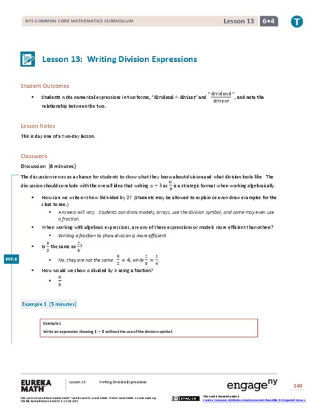 Writing Division Expressions Lesson Plan