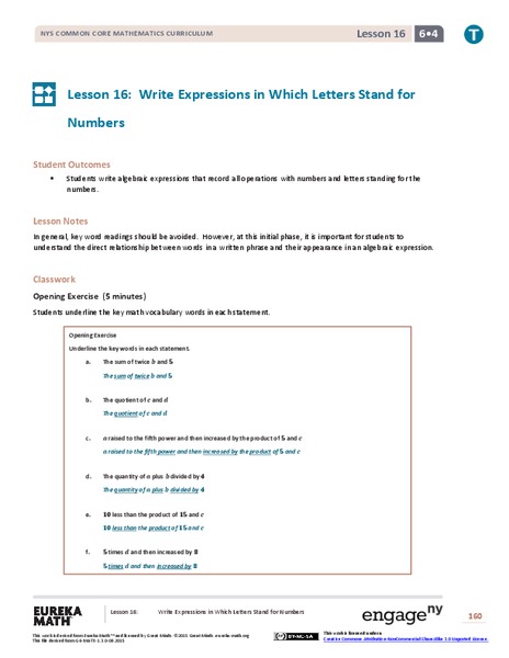 Read Expressions in Which Letters Stand for Numbers II Lesson Plan