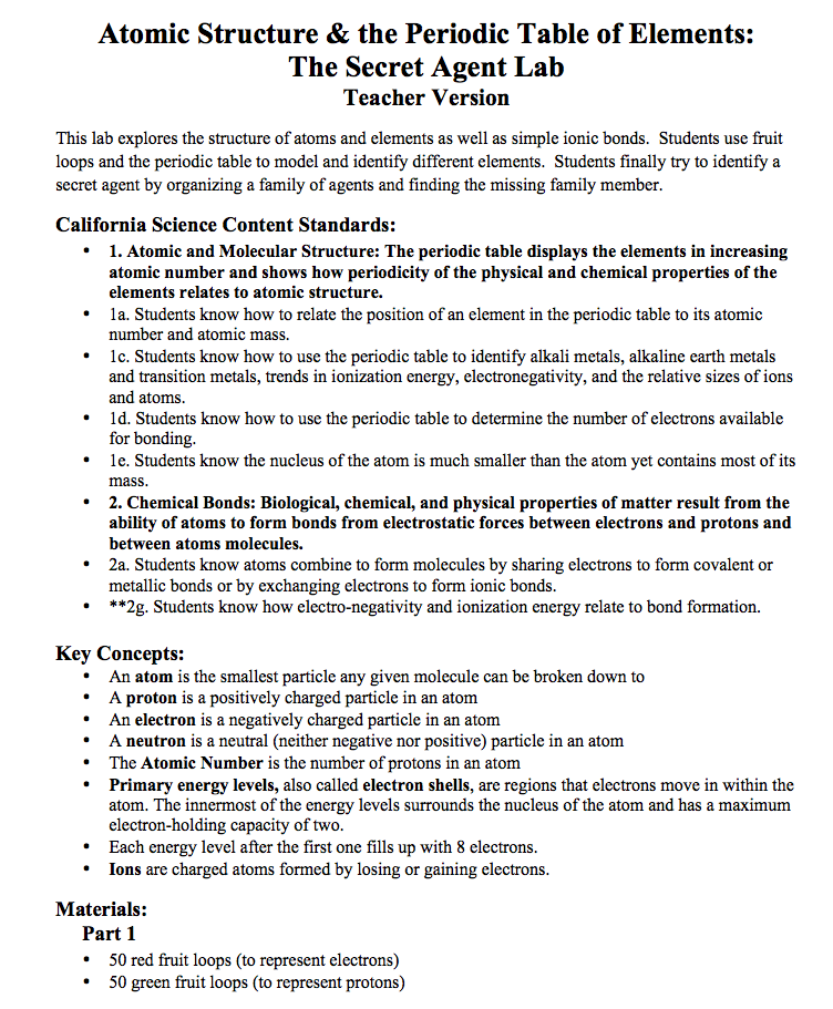 Atomic Structure and the Periodic Table of Elements: The Secret Agent Lab Lesson Plan