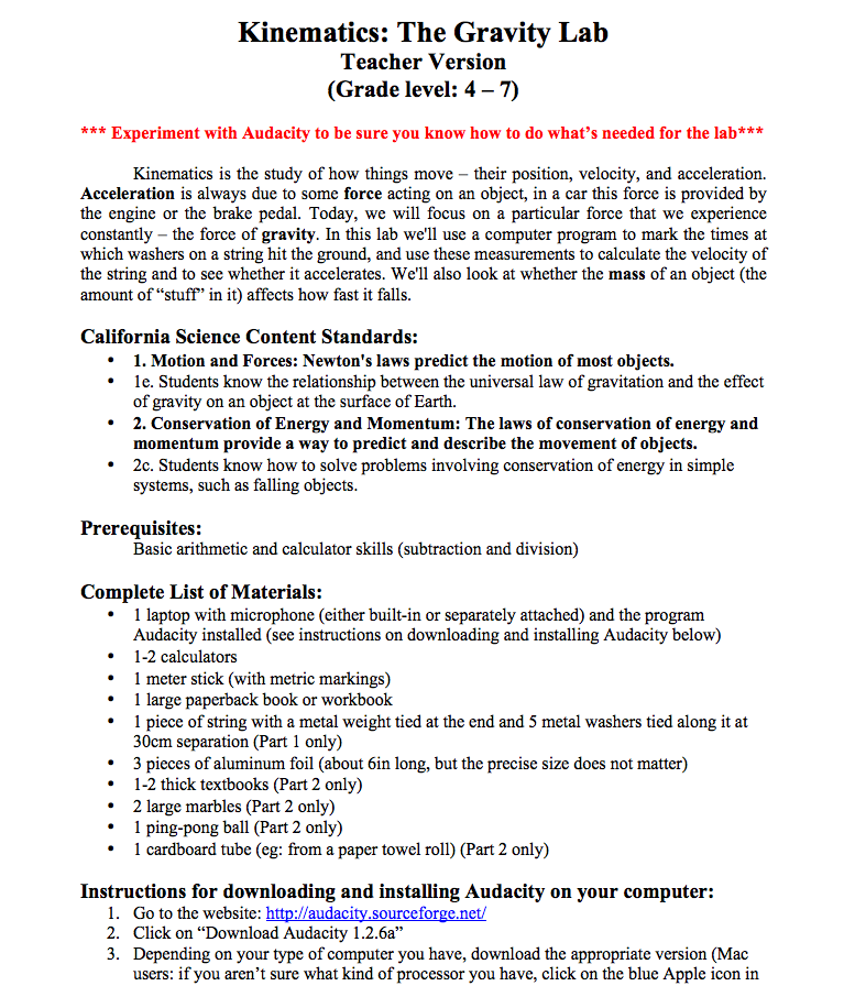 Kinematics: The Gravity Lab Lesson Plan