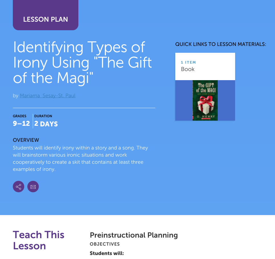 Identifying Types of Irony Using "The Gift of the Magi" Lesson Plan