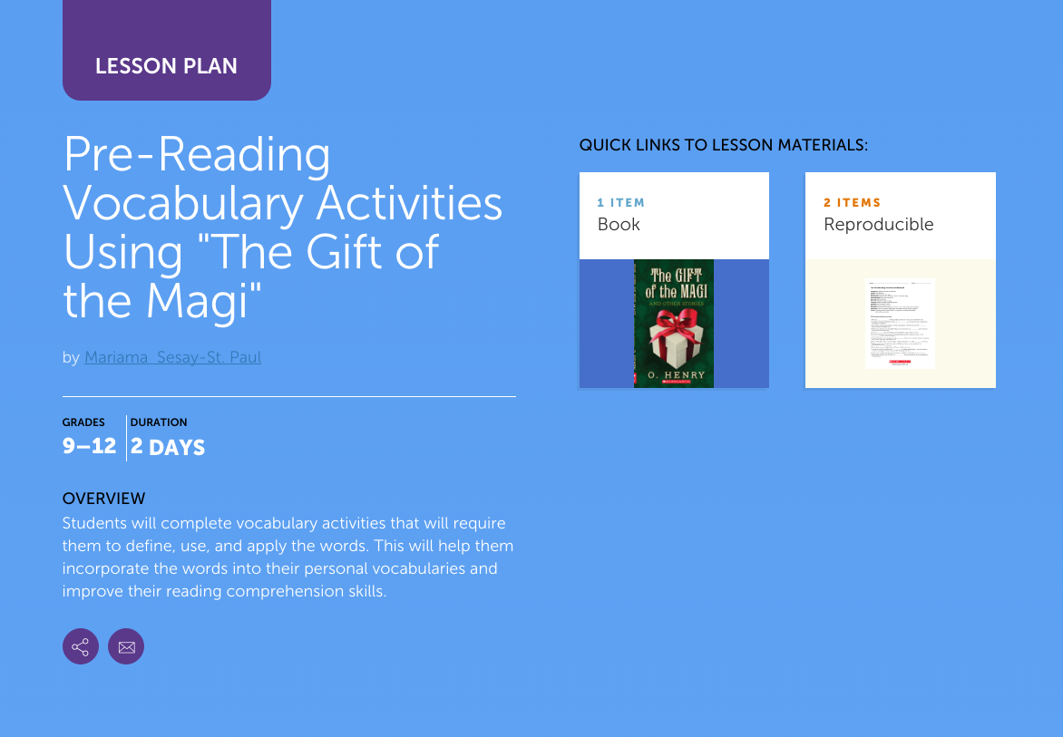 Pre-Reading Vocabulary Activities Using "The Gift of the Magi" Lesson Plan