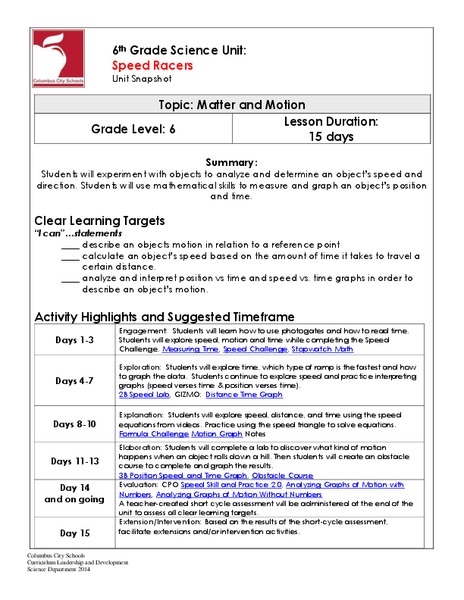 Speed Racers Unit Plan