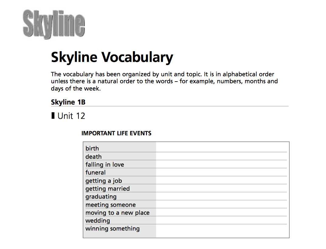 Skyline Vocabulary: Important Life Events Worksheet
