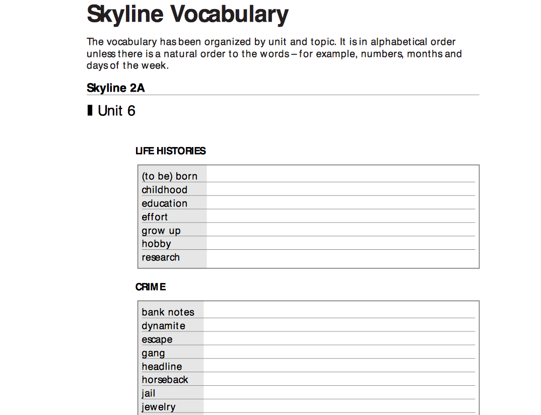 Skyline Vocabulary: Unit 6 Worksheet