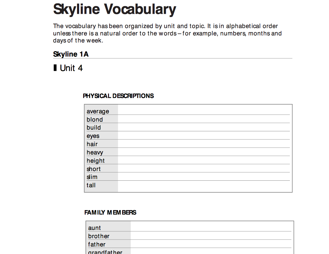 Skyline Vocabulary Worksheet