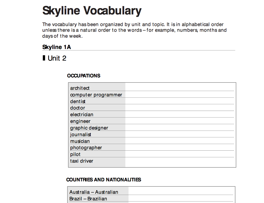 Skyline Vocabulary Unit 2 Worksheet