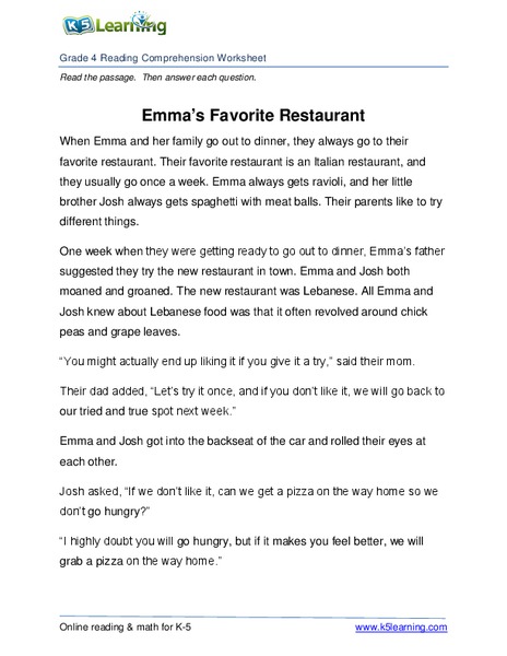 Emma's Favorite Restaurant Worksheet