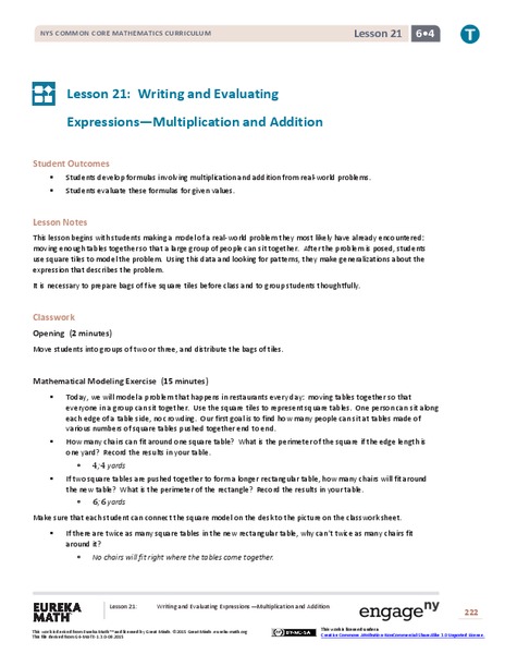 Writing and Evaluating Expressions—Multiplication and Addition Lesson Plan