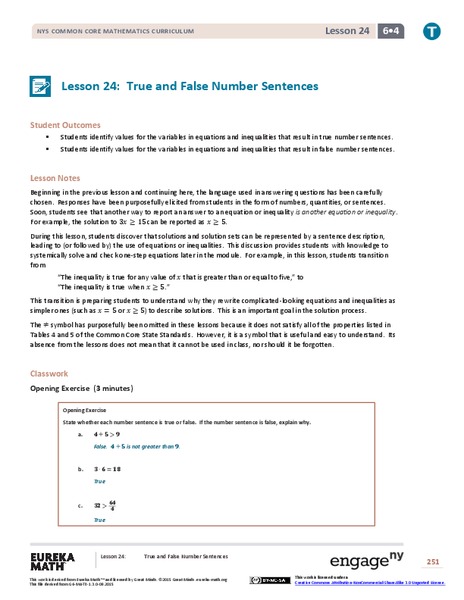 True and False Number Sentences II Lesson Plan