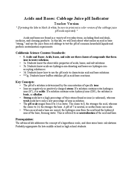 Acids and Bases: Cabbage Juice pH Indicator Lesson Plan