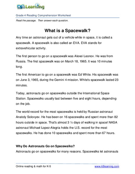 What Is A Spacewalk? Worksheet