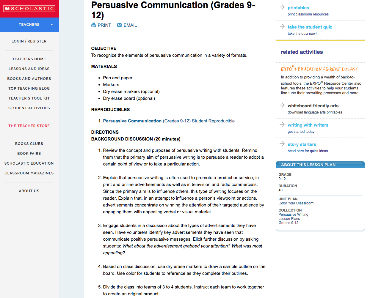 Persuasive Communication (Grades 9–12) Lesson Plan