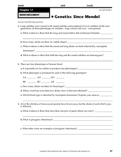 Genetics Since Mendel Worksheet