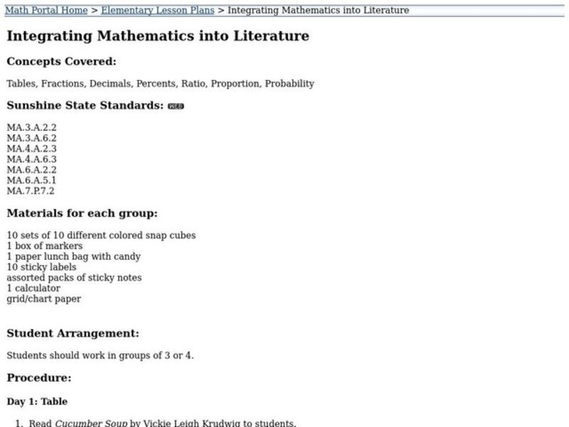 Integrating Mathematics into Literature Lesson Plan