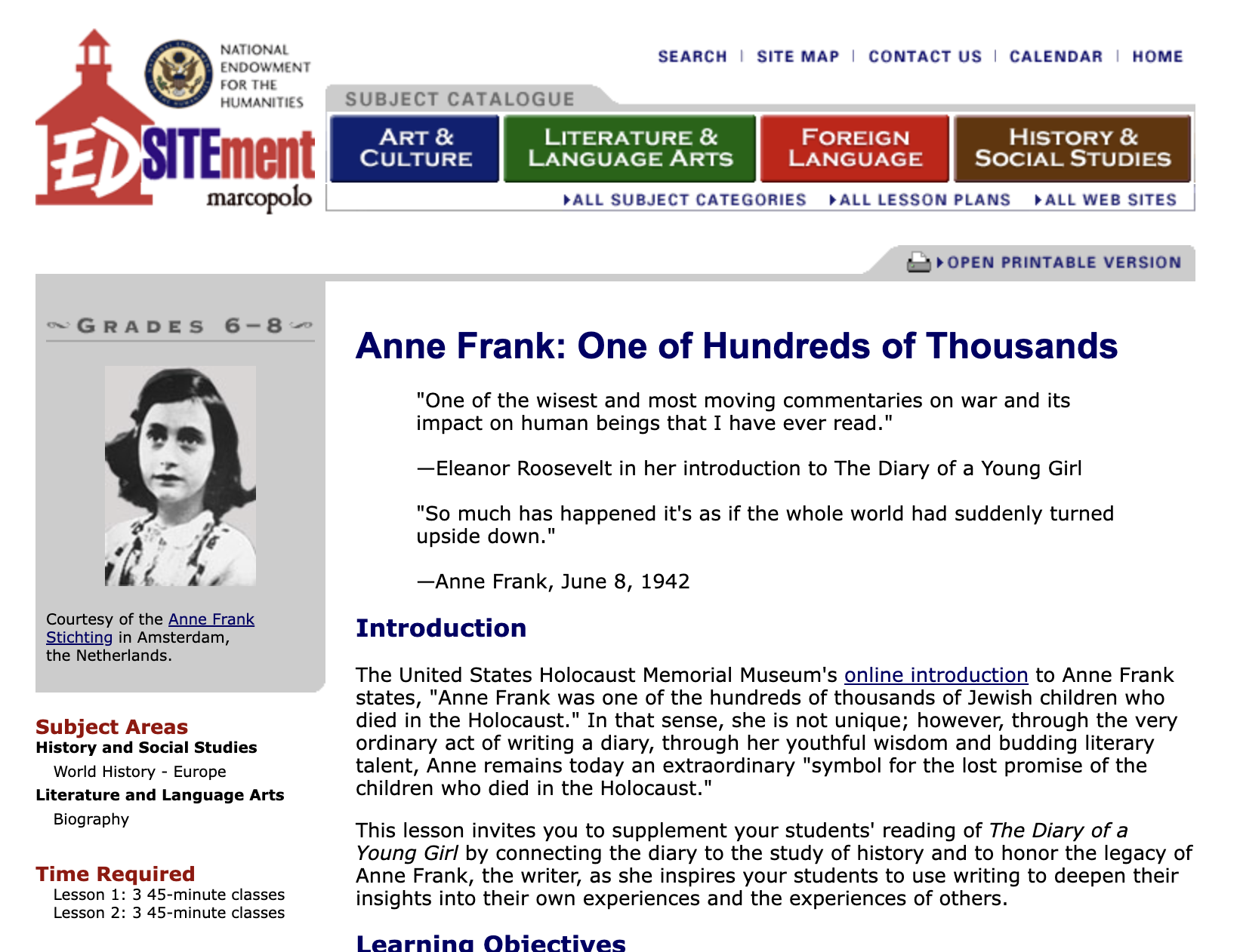 Anne Frank: One of Hundreds of Thousands Lesson Plan