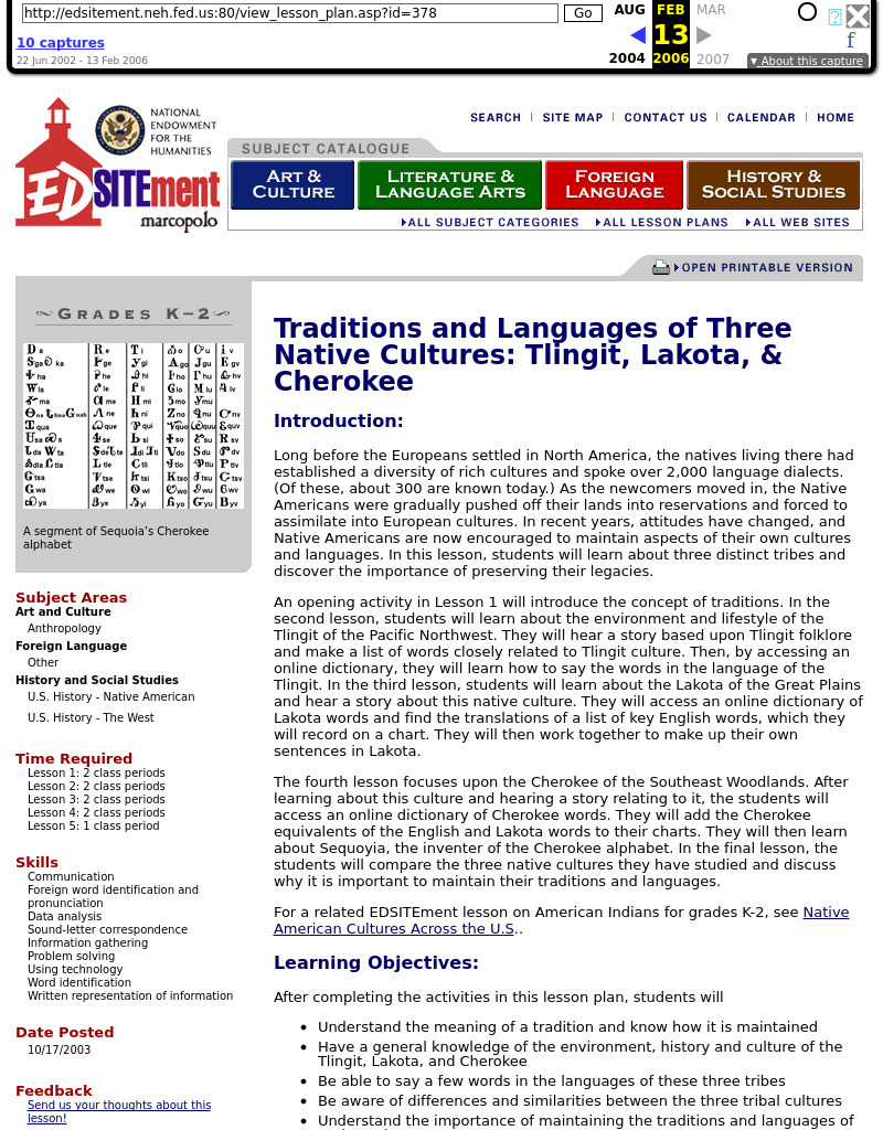 Traditions and Languages of Three Native Cultures: Tlingit, Lakota, & Cherokee Lesson Plan