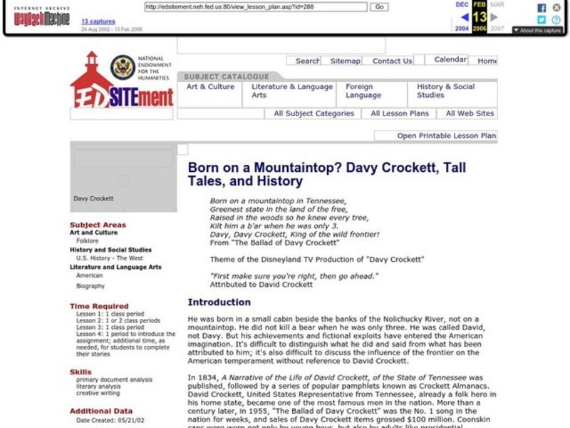 Born on a Mountaintop? Davy Crockett, Tall Tales, and History Lesson Plan