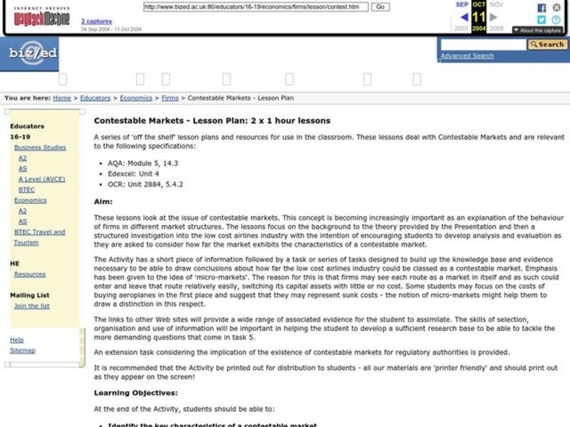 Contestable Markets Lesson Plan