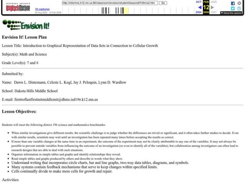 Introduction to Graphical Representation of Data Sets in Connection to Cellular Growth Lesson Plan