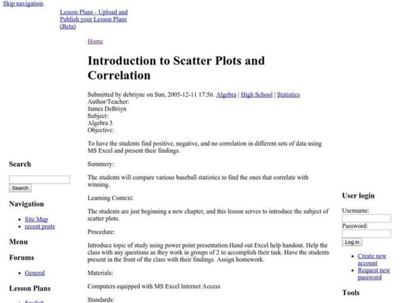Introduction to Scatter Plots and Correlation Lesson Plan