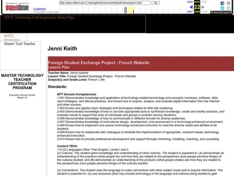 Foreign Student Exchange Project - French Website Lesson Plan