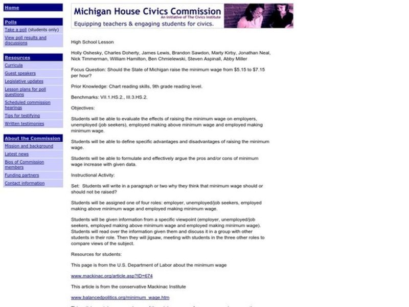 Should the State of Michigan raise the minimum wage from $5.15 of $7.15 per hour? Lesson Plan