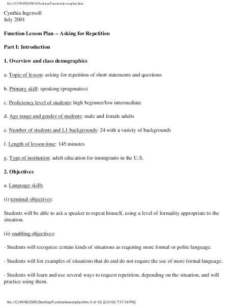 Function Lesson Plan -- Asking for Repetition Lesson Plan