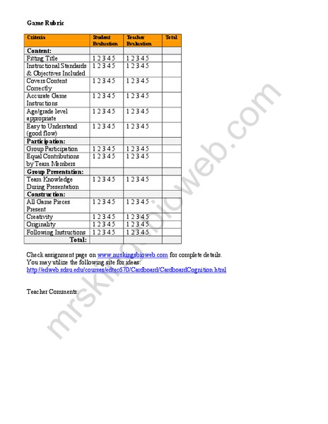 Game Rubric Worksheet
