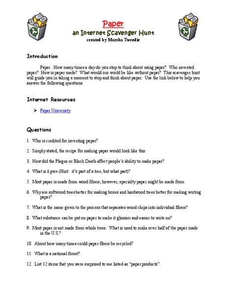 Paper Internet Scavenger Hunt Worksheet