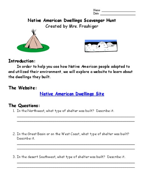 Native American Dwellings Scavenger Hunt Worksheet