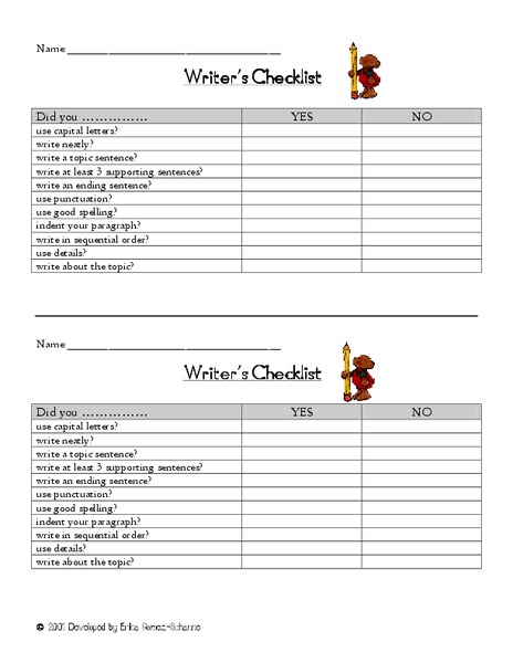 Writer's Checklist Worksheet