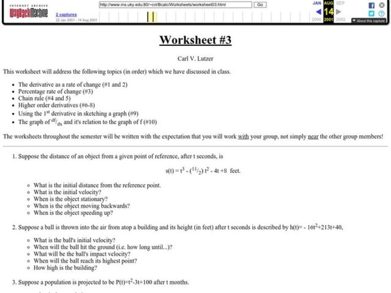Worksheet #3, Derivative Rates, Percent Rate of Change, Chain Rule Worksheet