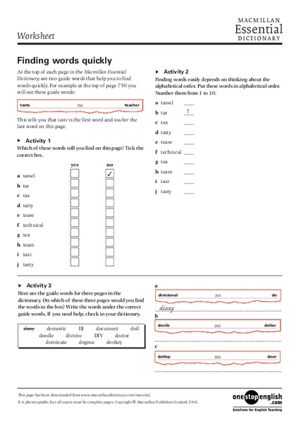 Finding Words Quickly Worksheet