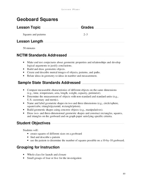 Geoboard Squares Lesson Plan
