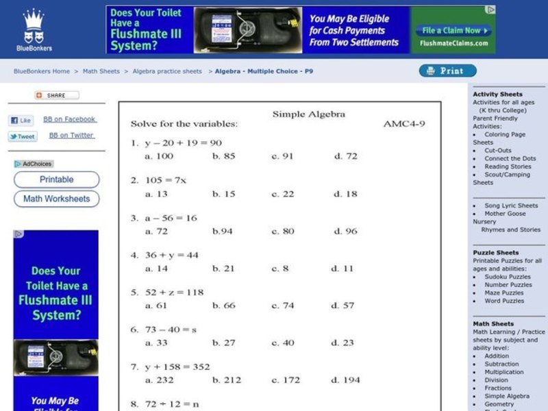Simple Algebra Worksheet