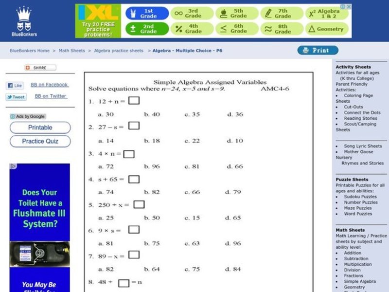 Simple Algebra Assigned Variables Worksheet